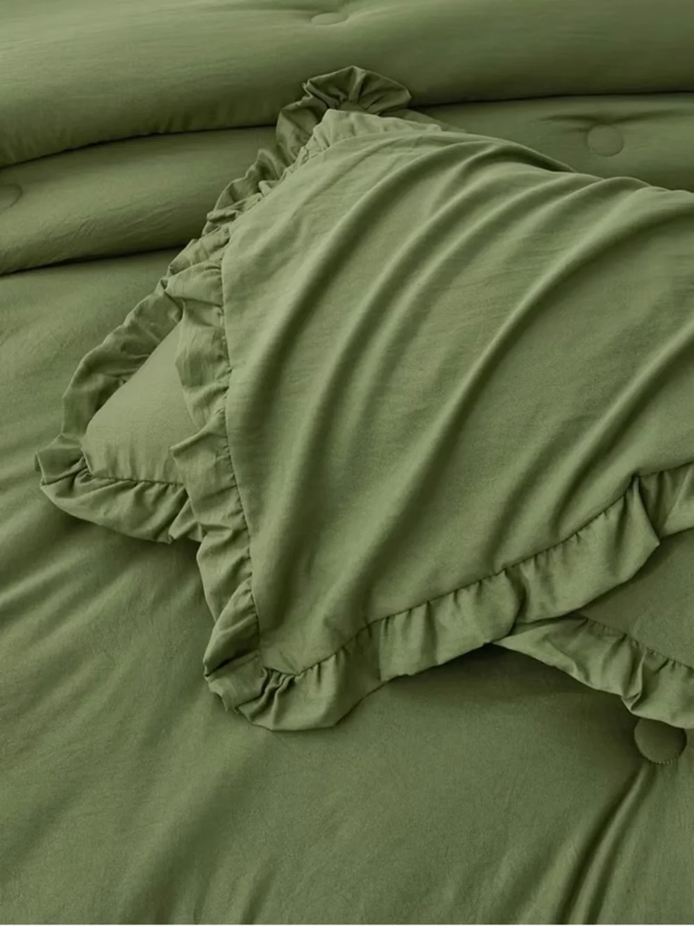 Olive Green Ruffled oversized queen 3 piece Comforter Set -